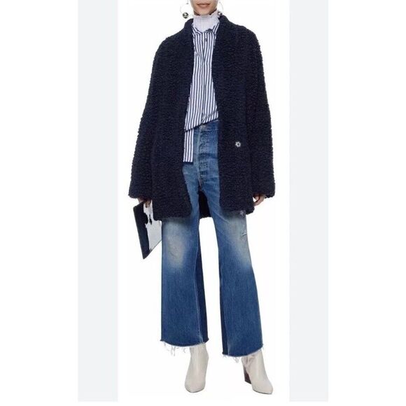 Iro Faux Shearling Piacie Jacket Oversized Navy Snap Front Heavy Pockets Size 38 - Picture 1 of 14